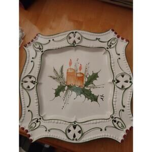 RCC Hand Painted Ceramic Square Christmas Platter Botanical Portugal Decorative